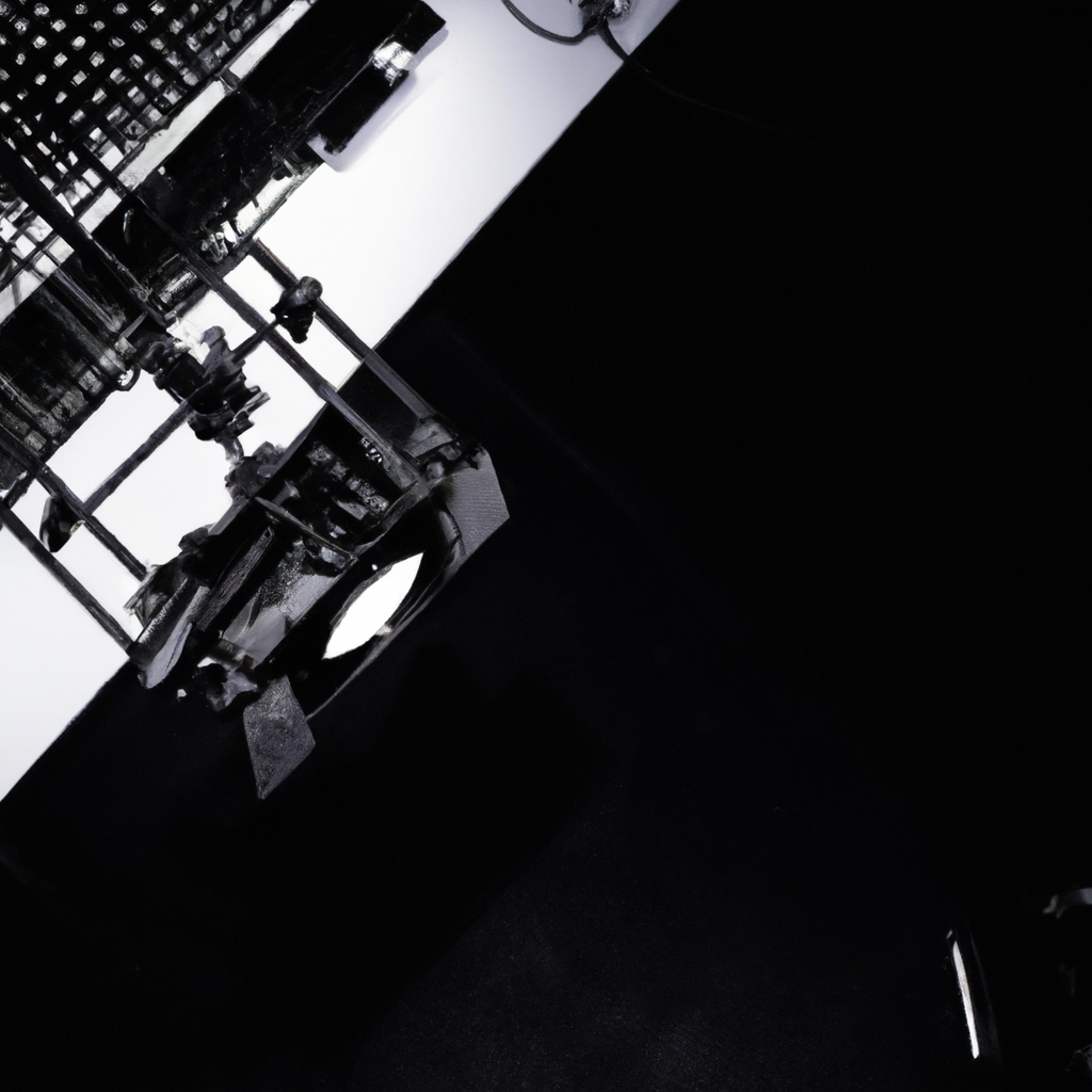 Minimal monochrome broadcast studio interior: top-down view with precise cabling, lighting panels and clean lines